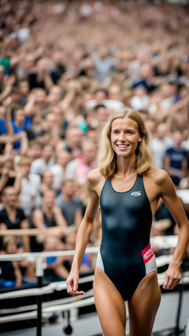 anorexic beautiful woman, age 21, total shot, anthracite triathlon swimsuit, medium long wavy bob haircut, blond hair, blurred party crowd in background