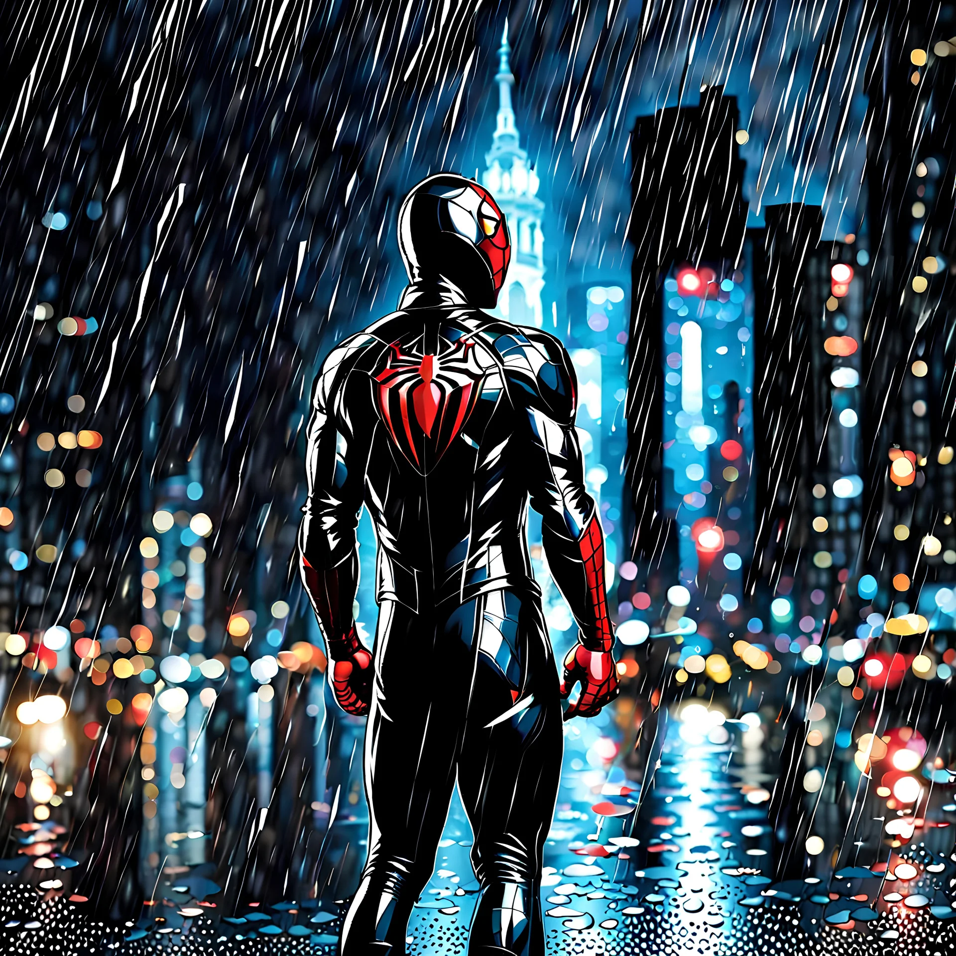 Spiderman in black suit in a rainy night looking at the city