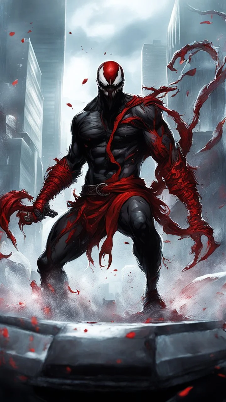 Venom symbiote with kratos Beard and red tattoos and Clothes, holding blade of choice