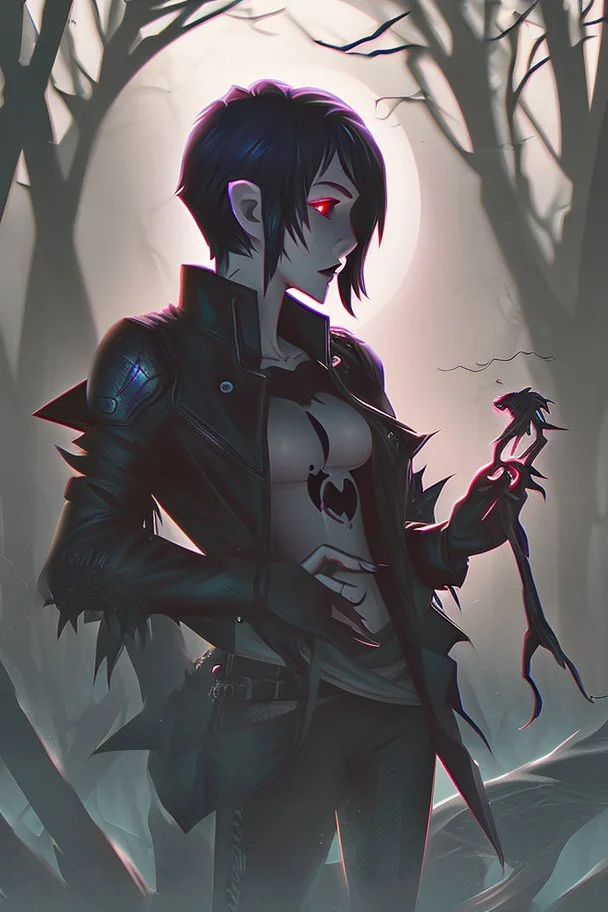 vampire girl showing fangs with short cropped cyberpunk hair wandering with her wolf in tangled forest in the moonlight