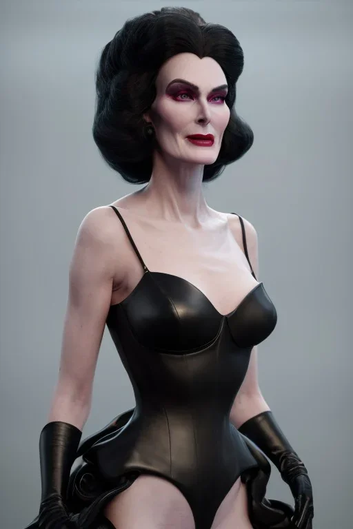 Carmen Dell`orifice as evil queen in black leather gown, angry, busty, curvey, cleavage, unreal 5, octane render,cinema4d, dynamic lighting, dramatic lighting, 4k, redshift render, highly detailed, hyper realistic