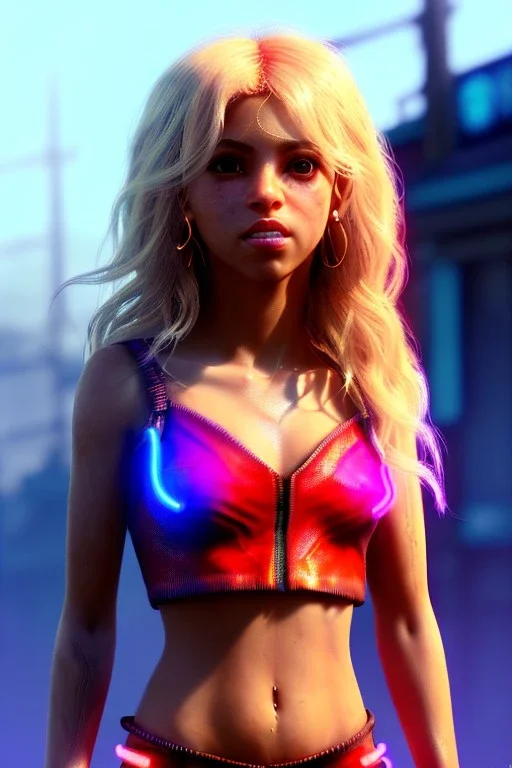 Shakira, artist, 30 years old, Realistic image, waist up portrait, etro style dress. Blonde, feathers, loose long hair, eyes make up, perfect, glow, circle iris. Neon colors, leds, geometric shapes. Dark background, photo studio, neon lights. Cyberpunk, concept art, smooth, unreal engine 5, god lights, ray tracing, RTX, lumen lighting, ultra detail, volumetric lighting, 3d, finely drawn, high definition, 4k.