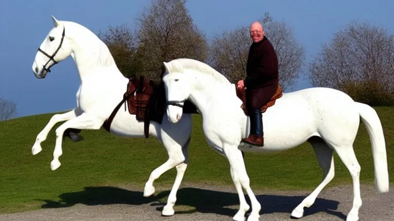 king rides white horse from the castle gate