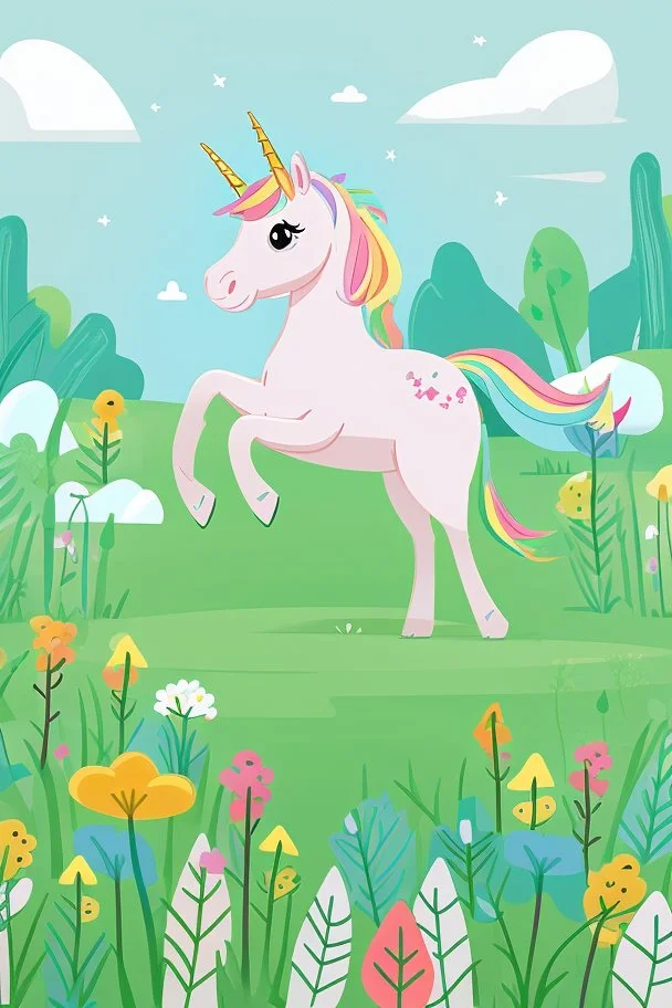 kids illustration, a cute unicorn playing in field, cartoon style, thick line, low details, vivid color