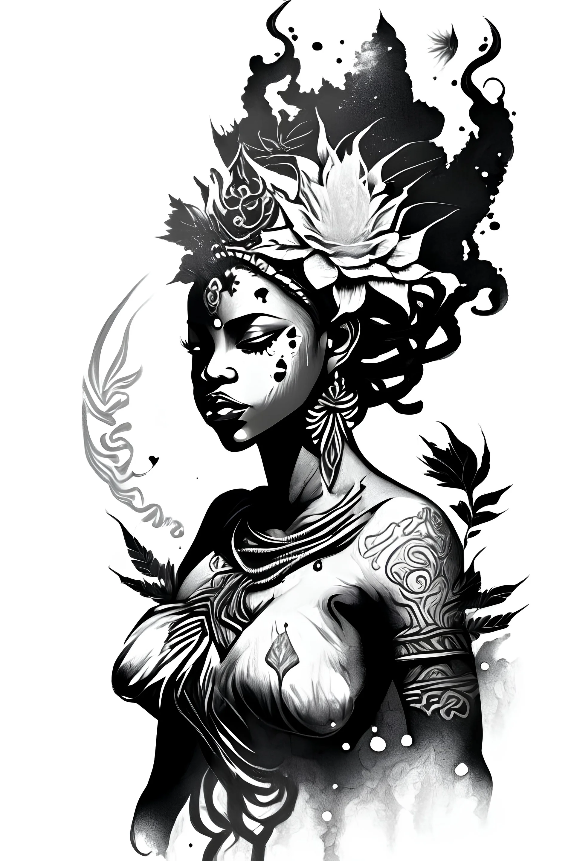 black and white illustration in a tattoo style of the oshun divinity for a stencil tattoo in a white background