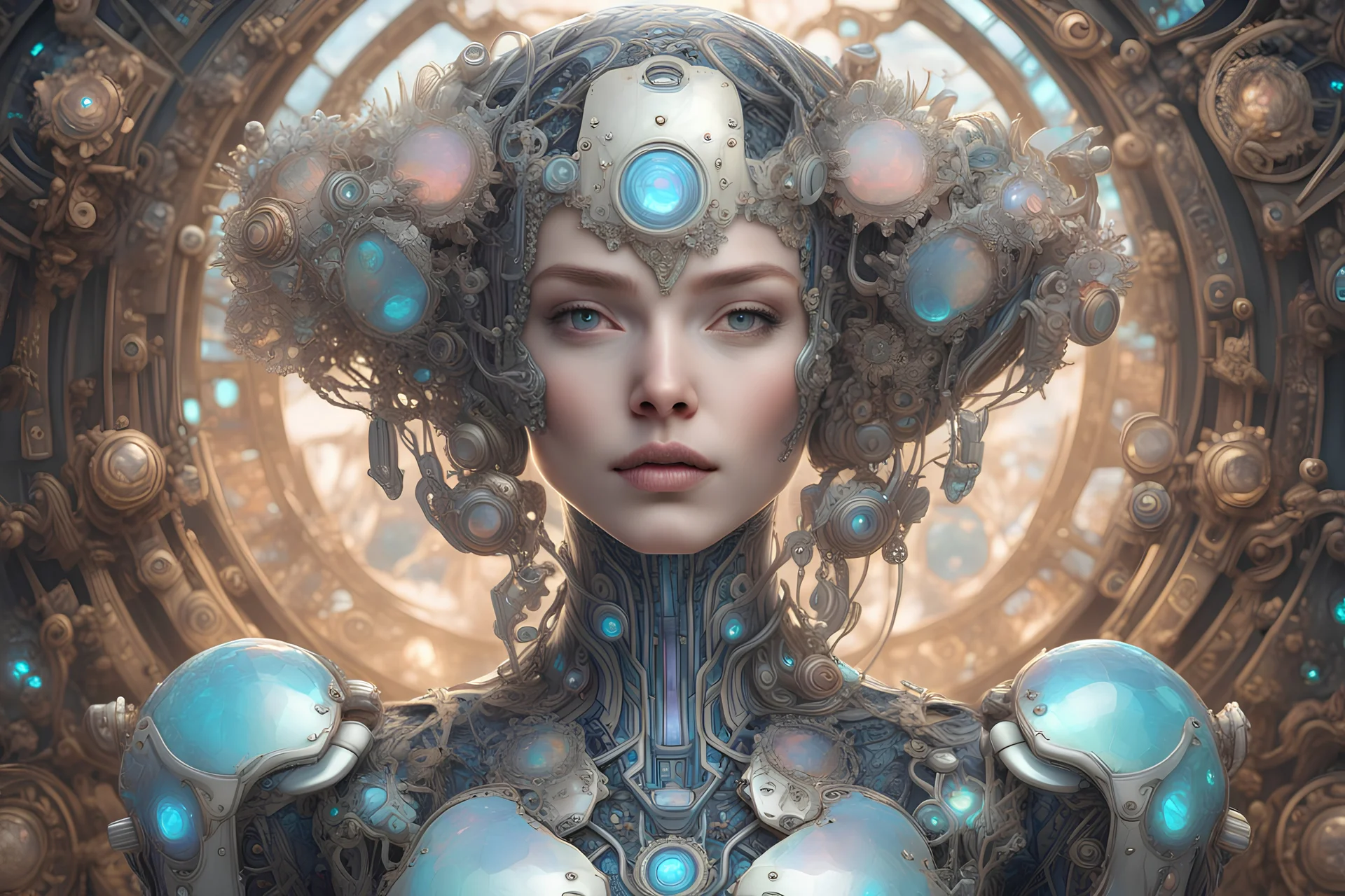 luxe glass robotic goddess, exquisite engraving, enchanted, delicate face, elegant, opal gears cyborg, luxury flowery suit🌷🌼🌿, highly detailed, digital painting, artstation, asymmetrical, concept art, smooth, sharp focus, 8k , trending on artstation, sharp focus, studio photo, intricate details, highly detailed, by greg rutkowski