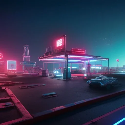 eine tankstelle inmitten auf dem meer, digital part,centered, detailed, 8k, shining, heaven, dampf, cyberpunk art, neon lights, neon signs, night, stars, stadion lichter