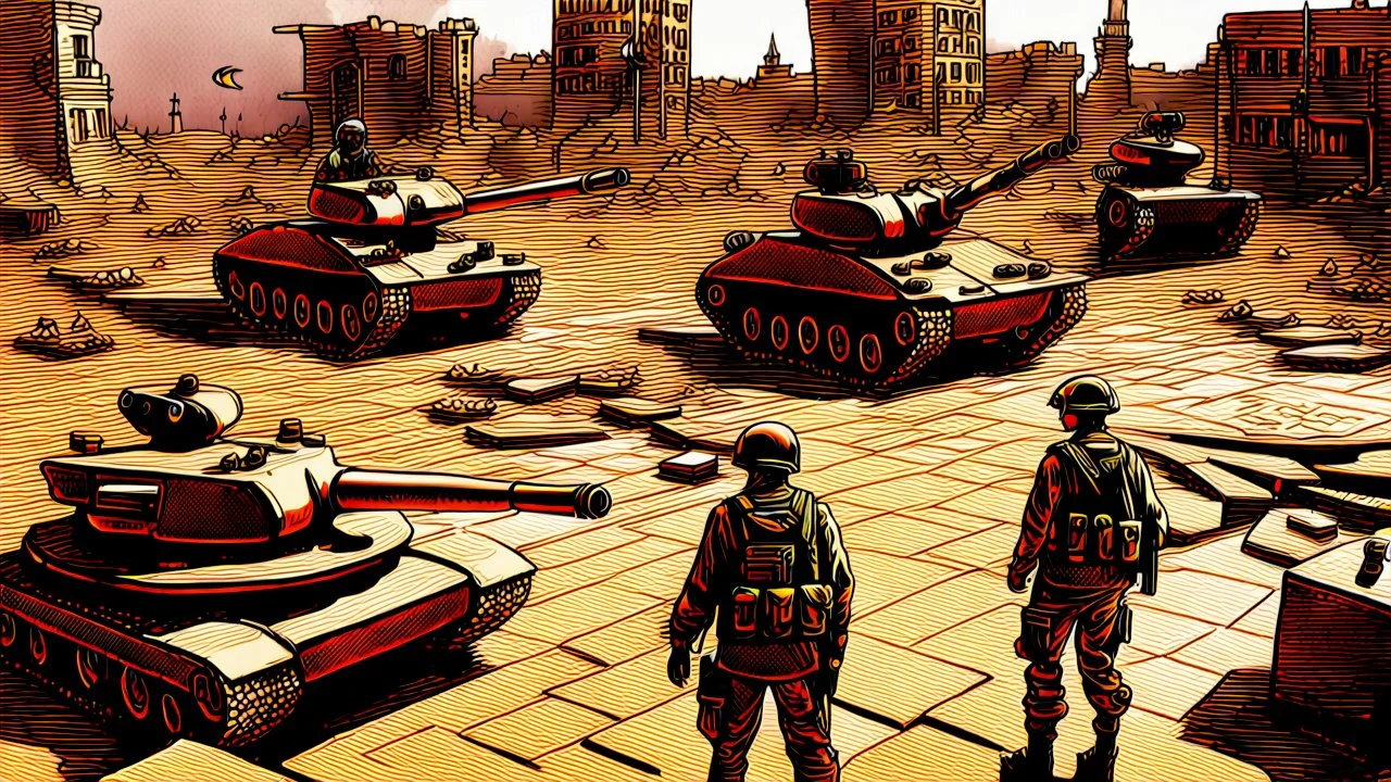 Israeli soldiers and tanks stand on a very large chessboard in the middle of a destroyed city