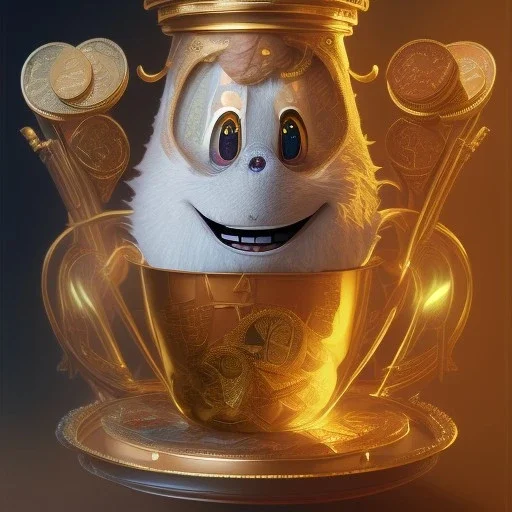 Ultra detailed pot full of gold coins,extremely detailed digital,painting, extremely detailed face ,perfectly centered image, perfect composition, rim light, beautiful lighting,masterpiece,8k, stunning scene, raytracing, anatomically correct,, in the style of Dysney and Pixar,smile