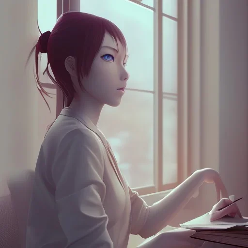 Anime, female student studying under window, studying lesson, perfect face, cool face, ultra detail, unreal engine 5, cinema4d, sun light, studio lighting --ar 1:1 --v 4