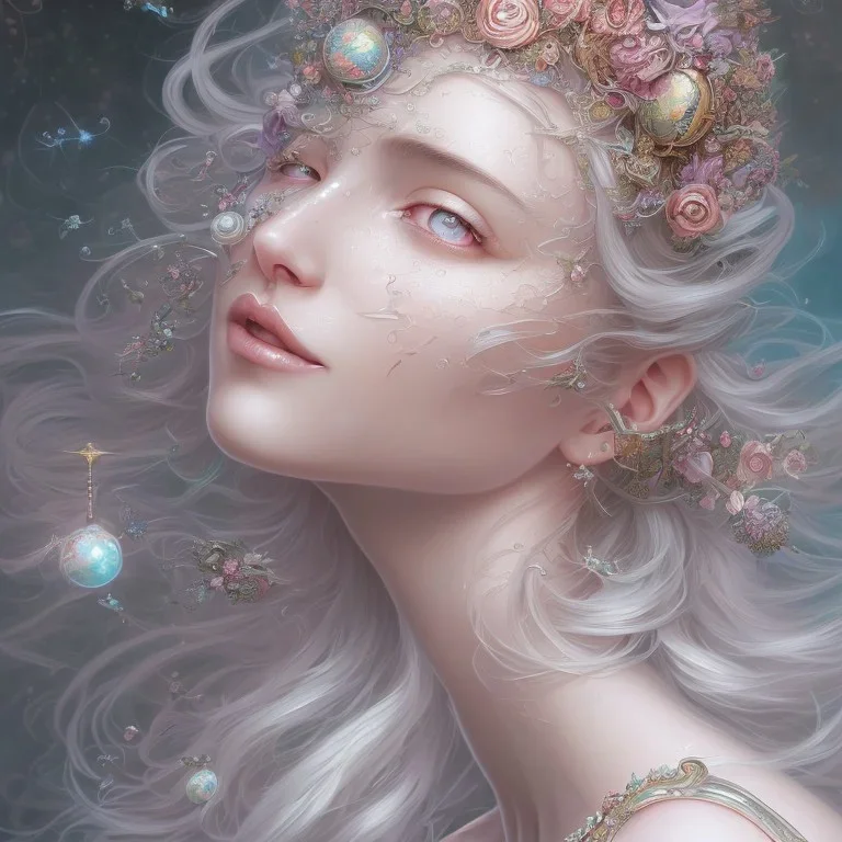 fantasy magic, intricate, sharp focus, illustration, highly detailed, digital painting, concept art, artgerm and paul lewin and kehinde wiley, masterpiece sexy lips with smile Asian lady body flowers head silver bright rain lady outer space pretty, pink blue