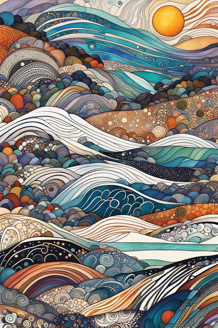 random color Zentangle patterns in the styles of Gustav Klimt ,Wassily Kandinsky, Paul Klee, and Kay Nielsen that depicts a rocky windswept coastal shore, with fine ink outlining