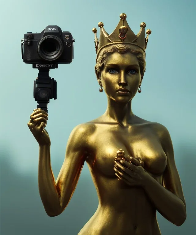 Statue of Queen of photography holding camera in hands. Cute blonde woman. Photographer in golden crown. Standing on the street. Big camera in her hand. hyperdetailed, photorealistic, trending on artstation, greg rutkowski, beksinski, kodachrome, volumetric lighting, gold and cyan