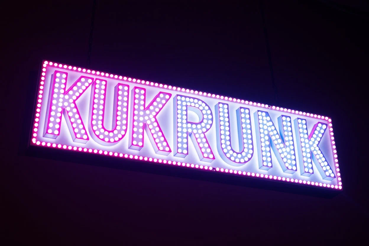 A 1980 disco sign labeled "KUKRUNK" white background and bold 80s font
