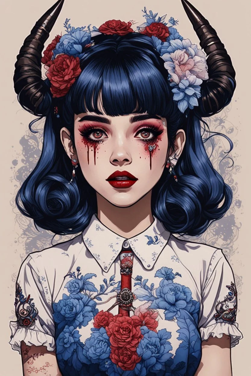 wears a smart shirt which is embroidered with bluered flowers and ornaments, has dark eyes and horns,Poster in two gradually, a one side malevolent goth vampire girl face and other side the Singer Melanie Martinez face, full body, painting by Yoji Shinkawa, darkblue and sepia tones, 90's movie , un pixel art , for a retro gaming 2D style,