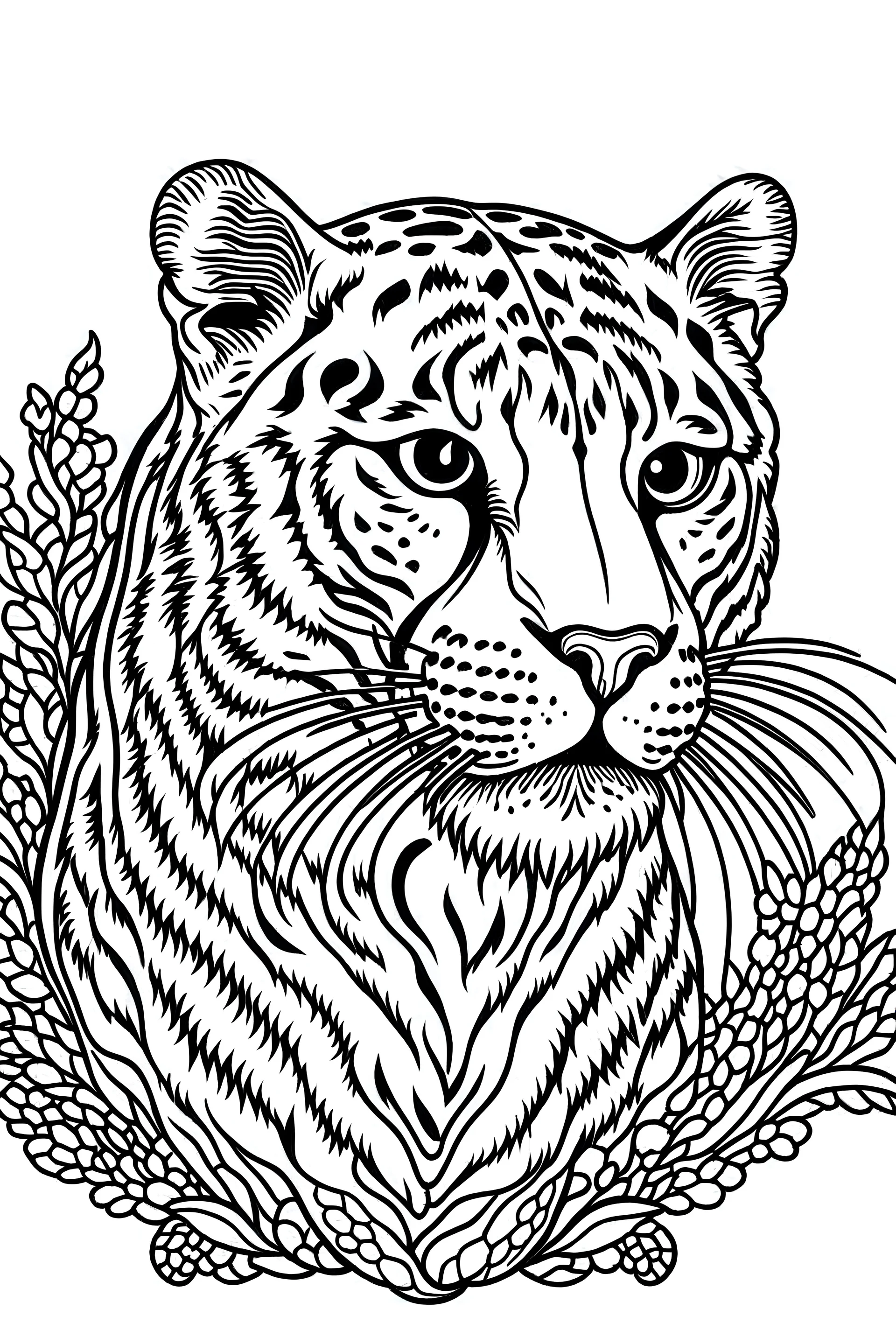 A black-and-white outlined drawing of panther for kid's colouring books