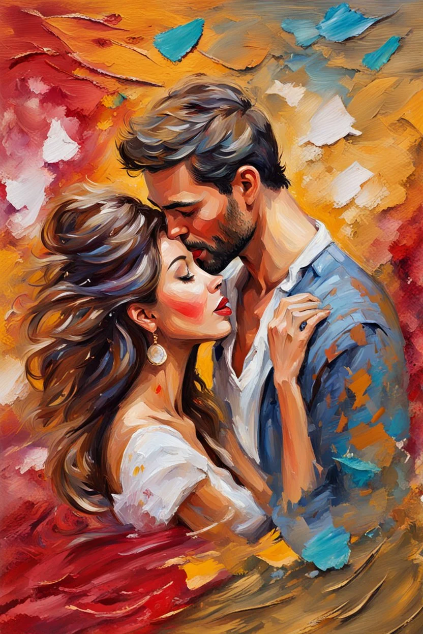 a gypsy theme, a beautiful in love girl and boy as focus point, close-up kissing scene, scrappy paint strokes in impasto , life is good, laughter and happiness