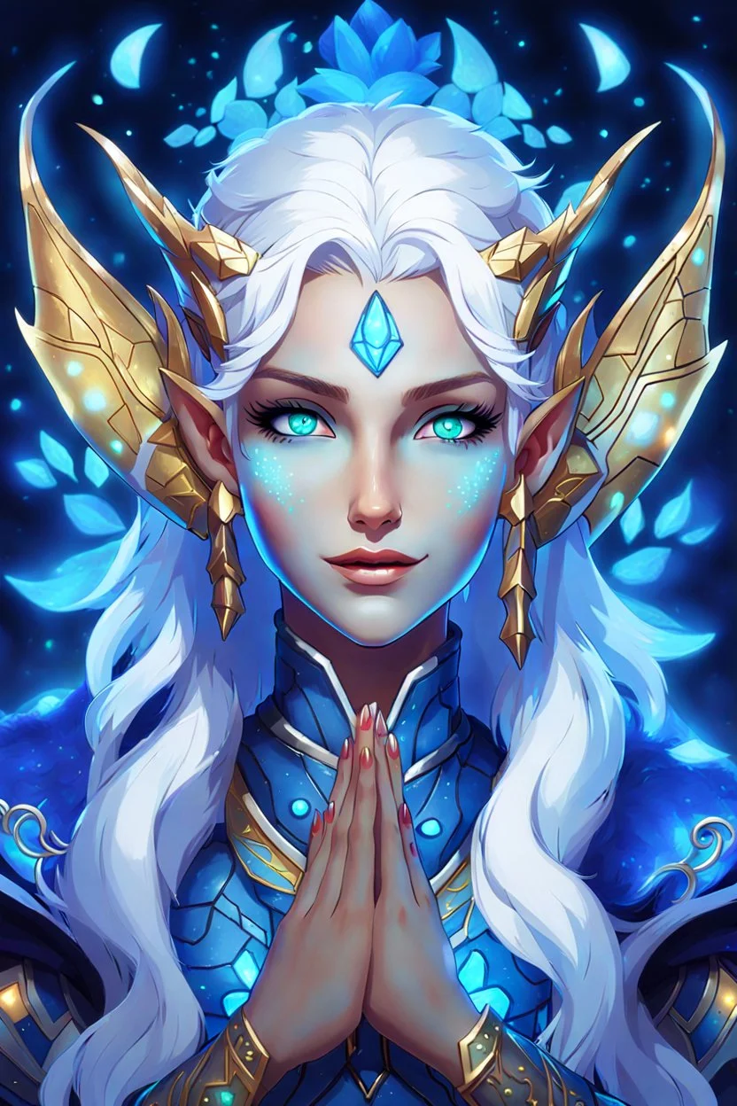 Bioluminescent blue avatars identify dots and patterns on their skin. Pointed elf ears, white hair, glowing blue eyes, slightly shiny blue skin.A beautiful girl with glowing golden eyes. With white decorated hair. And the whole body. And decorated dragon stones. And decorative glass trees