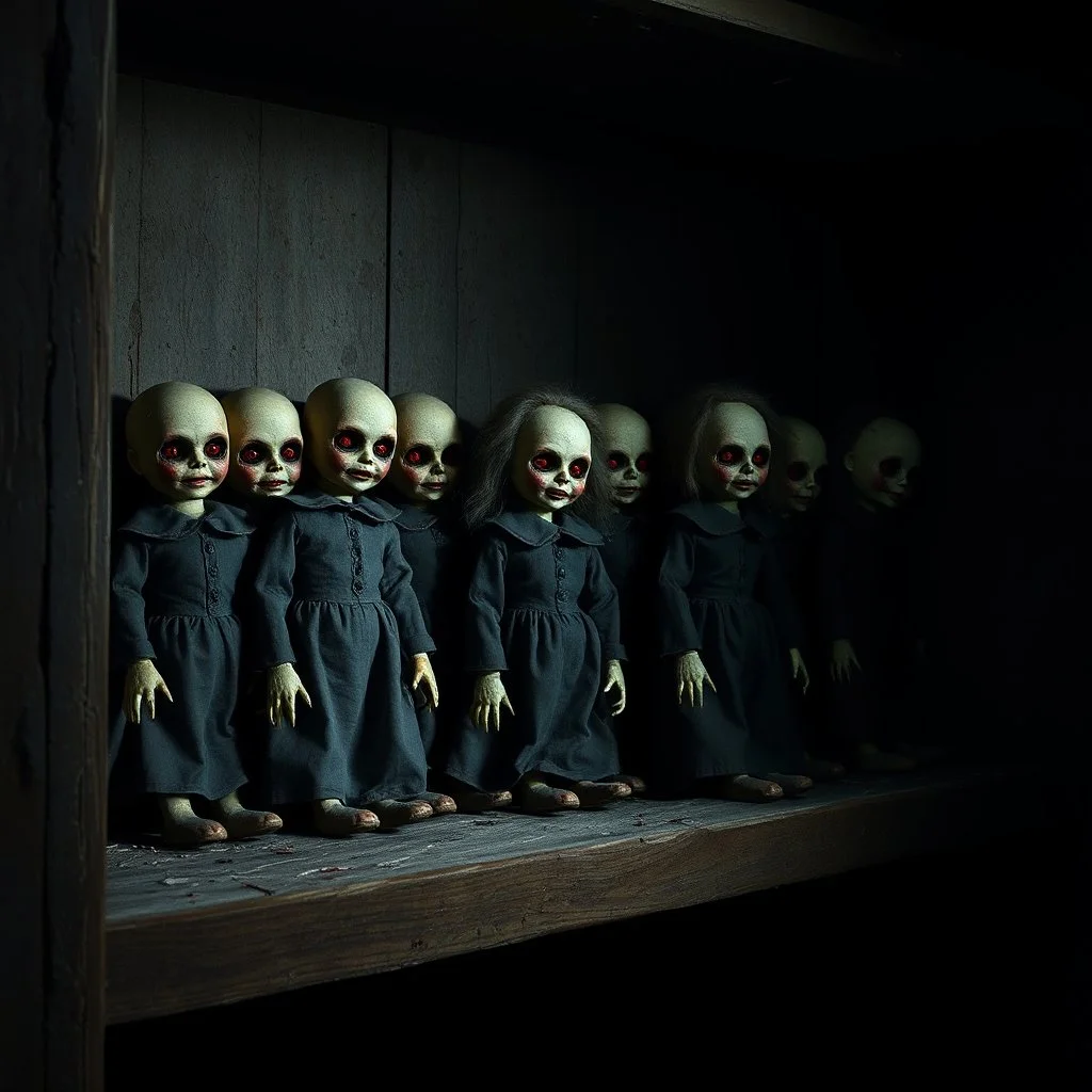 In a dark shadowy derelict room gaunt Victorian-dressed creepy expressionless dolls are lined up of a shelf their presence eerie and foreboding, however in a juxtaposition a single doll is smiling with red eyes, reminiscent of the macabre images of William Stout, imbued with the mystical, evil quality, atmosphere is heavy with malevolent intent, photorealistic with meticulous attention to texture and atmosphere.