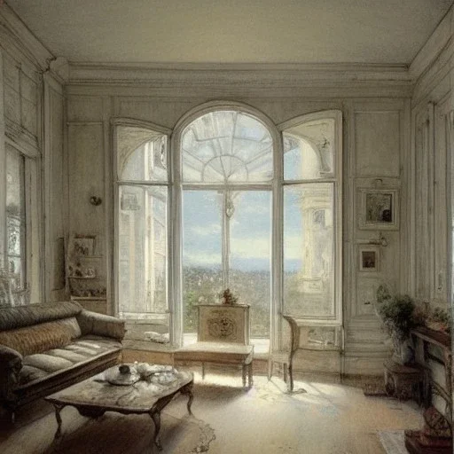 Living room with a big double window, white Beaux Arts architecture,interior design,point of perspective,by Jean Baptiste Monge