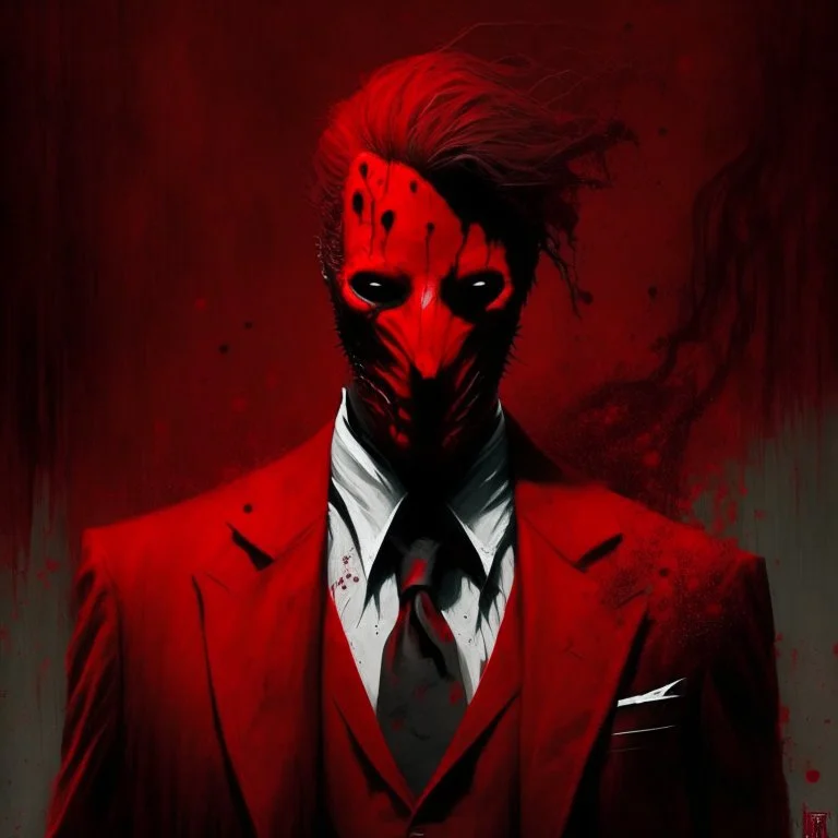 a sinister figure wearing a red suit with a red tie with no face and dirty hair