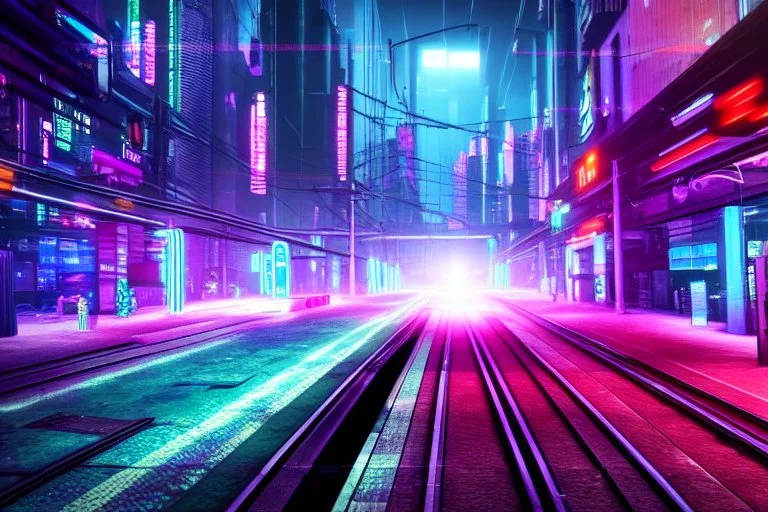 Cyberpunk street with holograms and train, 4k