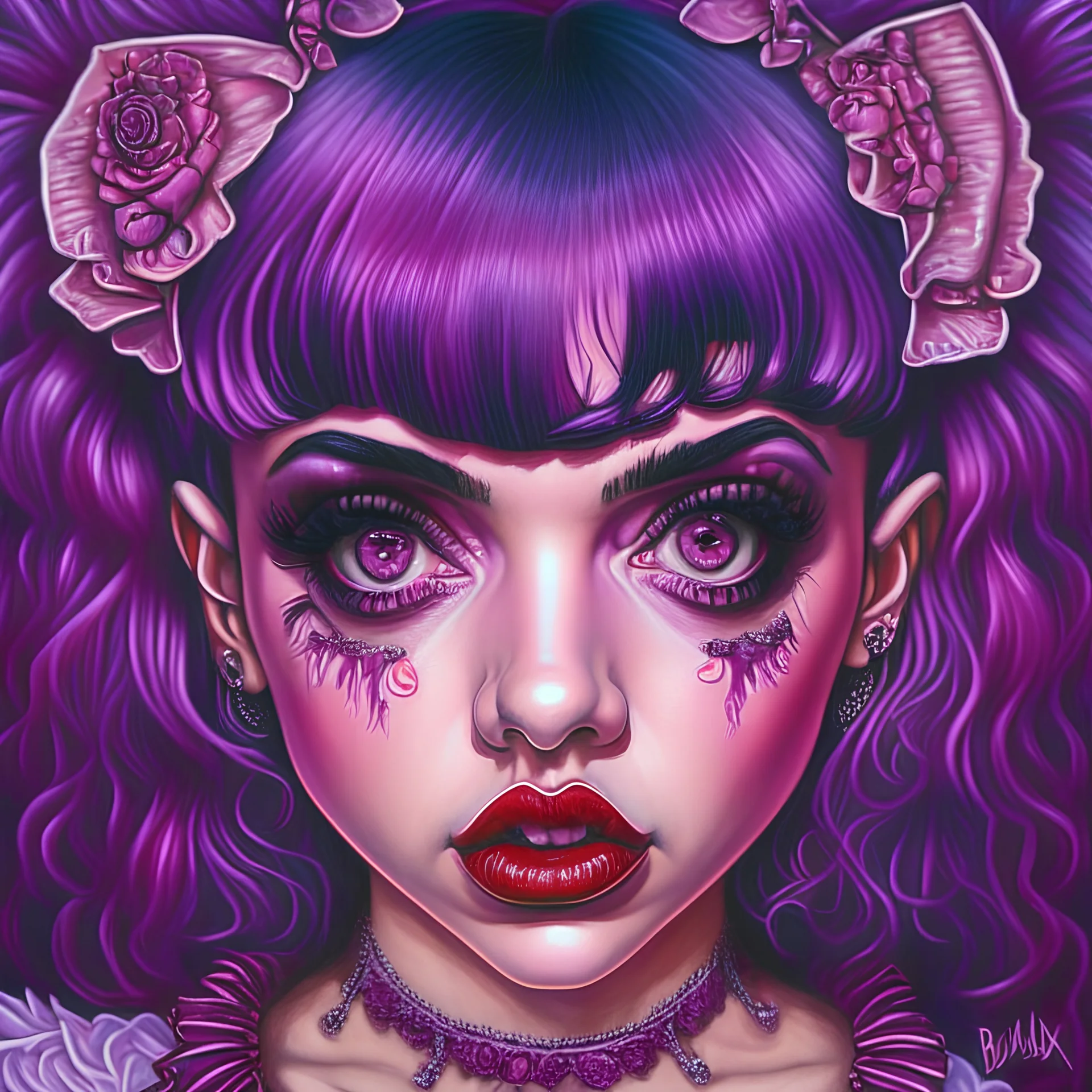 singer melanie martinez face, hyperdetailed, intricately detailed, purple tones, darkred tones,