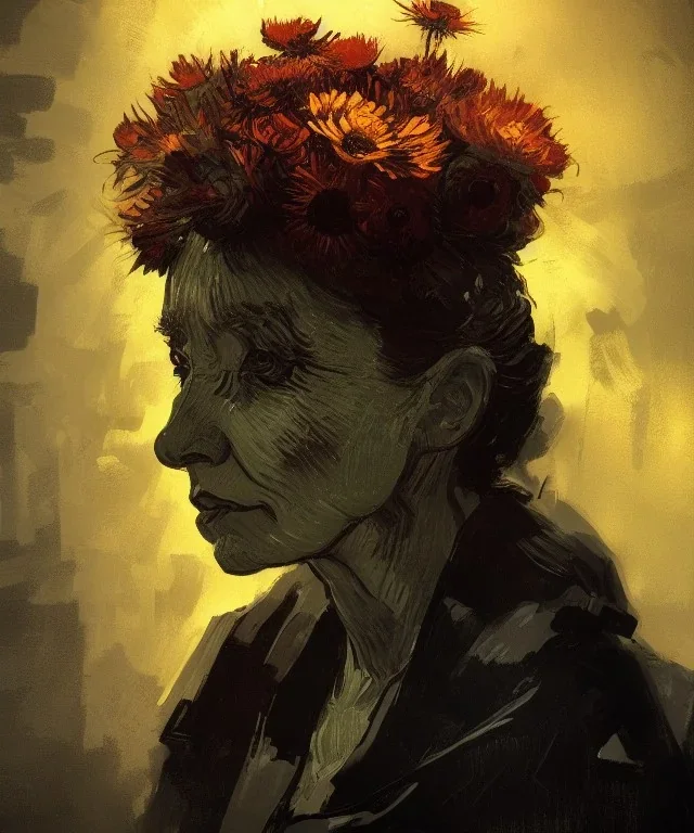 yaşlı bir kadının portresi, çiçekler, dramatik ışıklandırma, Van Gogh tarzı, Greg Rutkowski tarzı, Yoji Shinkawa tarzı, 4k, dijital sanat, konsept sanat, Artstation'da trendlere girmiş