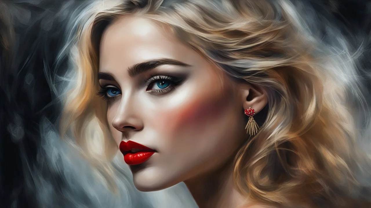 abstract digital art, impressionism, blurred look and feel, byzantine alcohol oil painting of a stunning woman with blonde hair and red lips, earrings, freckles, Disney noir style, masterpiece, 32k resolution, hyper detail, fine details, airbrush strokes, foggy feel and view, on canvas, magic, 8k concept art, dark lighting, hyper detail, intricate detail