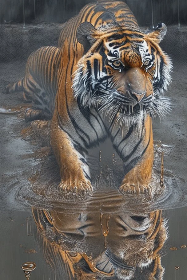 full body portrait, a hyper-realisitc tiger melting into a puddle of liquid, hyper-realistic natural form, full body, highly detailed melting details, emotional expression, detailed emotions, hyper detailed melting of the animal to the ground, engraved fur details, anatomically correct animal, dark colour tone, epic colour treatment, cinematic colour treatment, meticulously intricate perfectly symmetrical extremely detailed, pixiv daily ranking, pixiv, extreme depth of field, artstation, sculptu