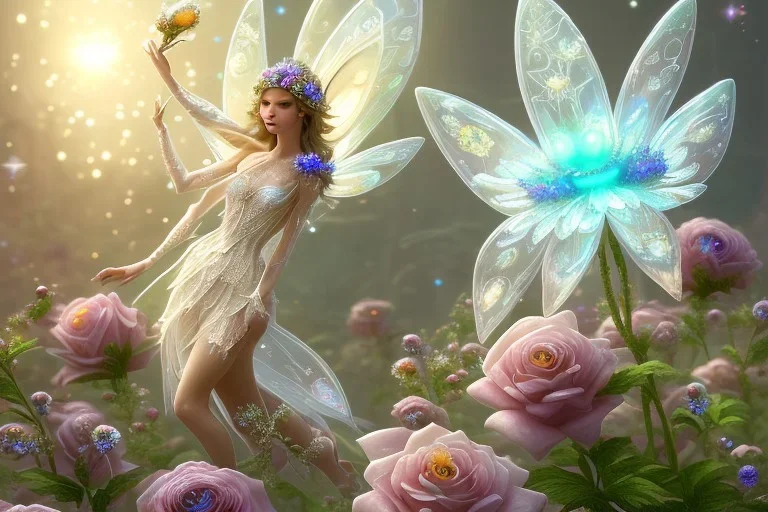 one big crystal subtle flower in a galactic ambiance, transparent petals, delicate colors, in the foreground, with a very little beautiful fairy, full of details, smooth, bright sunshine，soft light atmosphere, light effect，vaporwave colorful, concept art, smooth, extremely sharp detail, finely tuned detail, ultra high definition, 8 k, unreal engine 5, ultra sharp focus