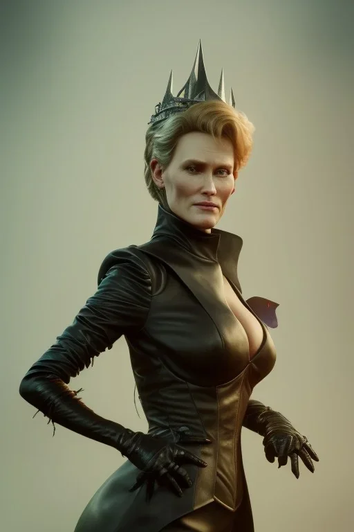 Robin Wright as evil queen in black leather, busty, cleavage, curvy, Claire Underwood, angry, stern look. character design by cory loftis, fenghua zhong, ryohei hase, ismail inceoglu and ruan jia. unreal engine 5, artistic lighting, highly detailed, photorealistic, fantasy