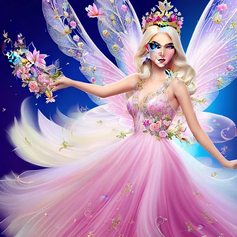 beautiful fairy with transparent wings, smiling, make up, long platinum blond hair with crown and flowers, pink dress