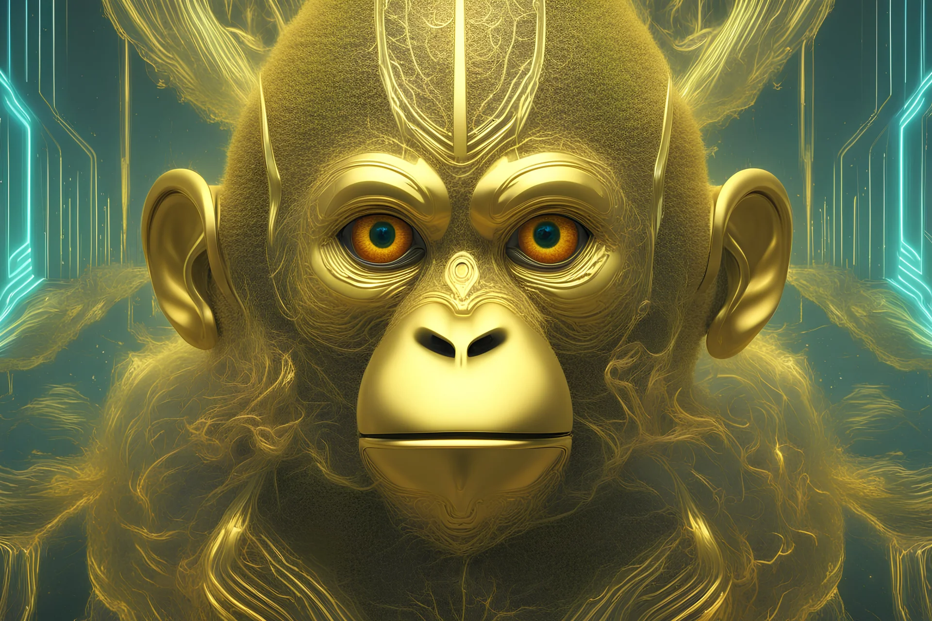 Futuristic golden monkey portrait in the style of Greg Rutkowski, in abstract, surreal landscapes, futuristic elements, intricate details, esoteric elegance, fantasy realism with 3D UHD HDR enhancement, bright and vivid colors, key light reflected in twinkling eyes, meticulously perfect composition, highest quality of illusion, double exposure effect, illustrated storybook, clear focus, 8k resolution, digitally printed masterpiece.