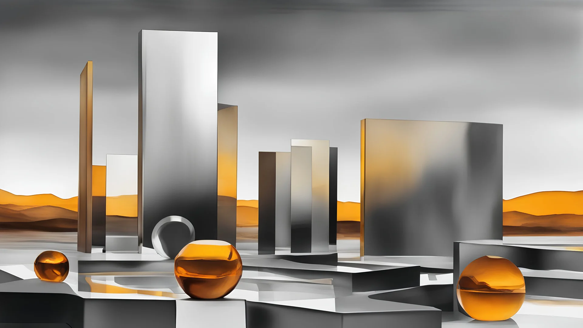 Grayscale abstract sculpture park, art style watercolor painting, metal smooth abstract shapes in distance, glass cubes with vivid dark amber glass in foreground, soft golden hour lighting