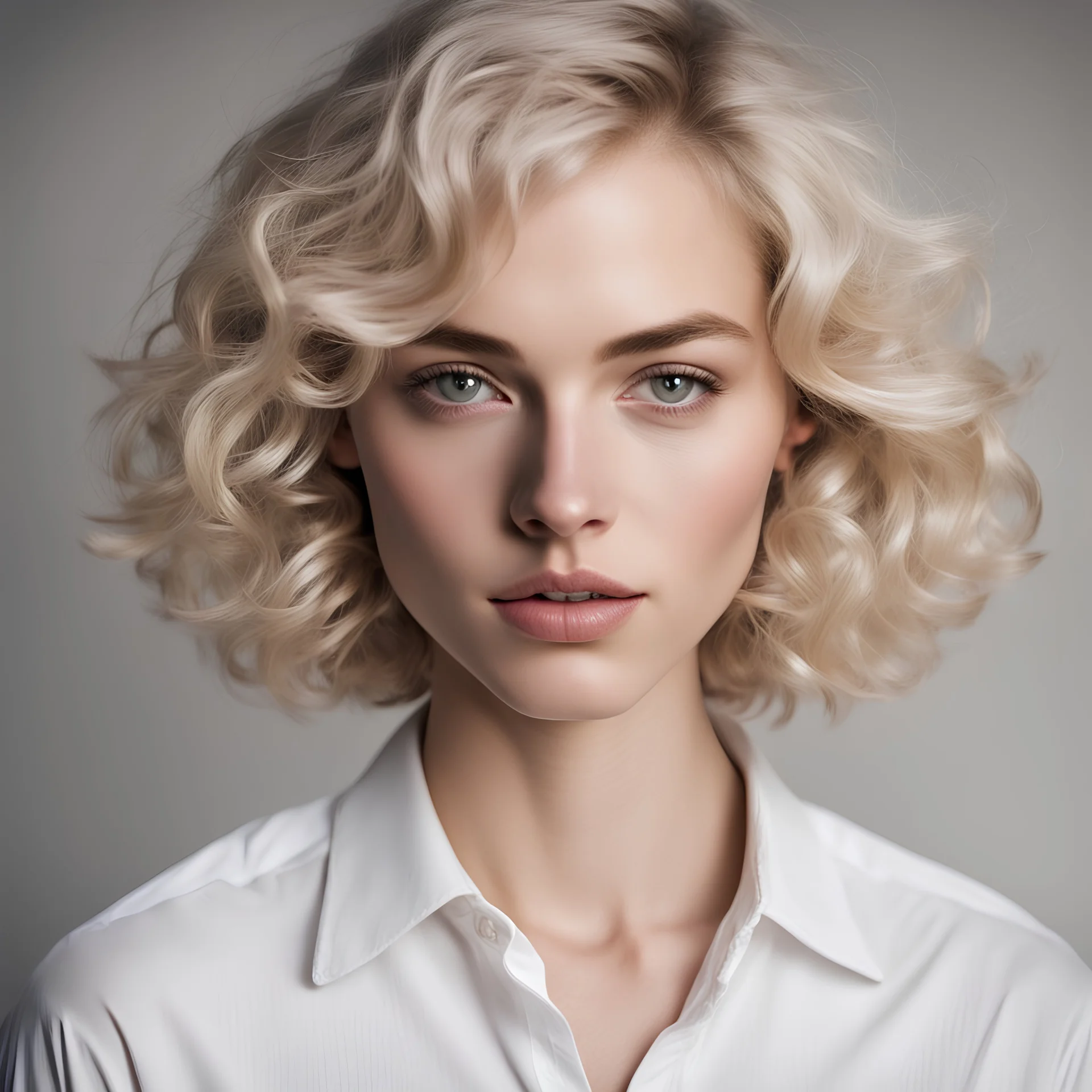 woman, twenty years old, white blond short hair, wavy, strong facial features, grey eyes, light skin, rose lips whithe shirt, portrait, close up, beatiful woman, shadows