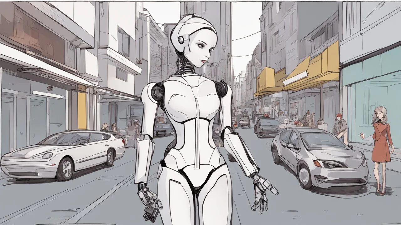 female robot, in a street, shops, cars, people