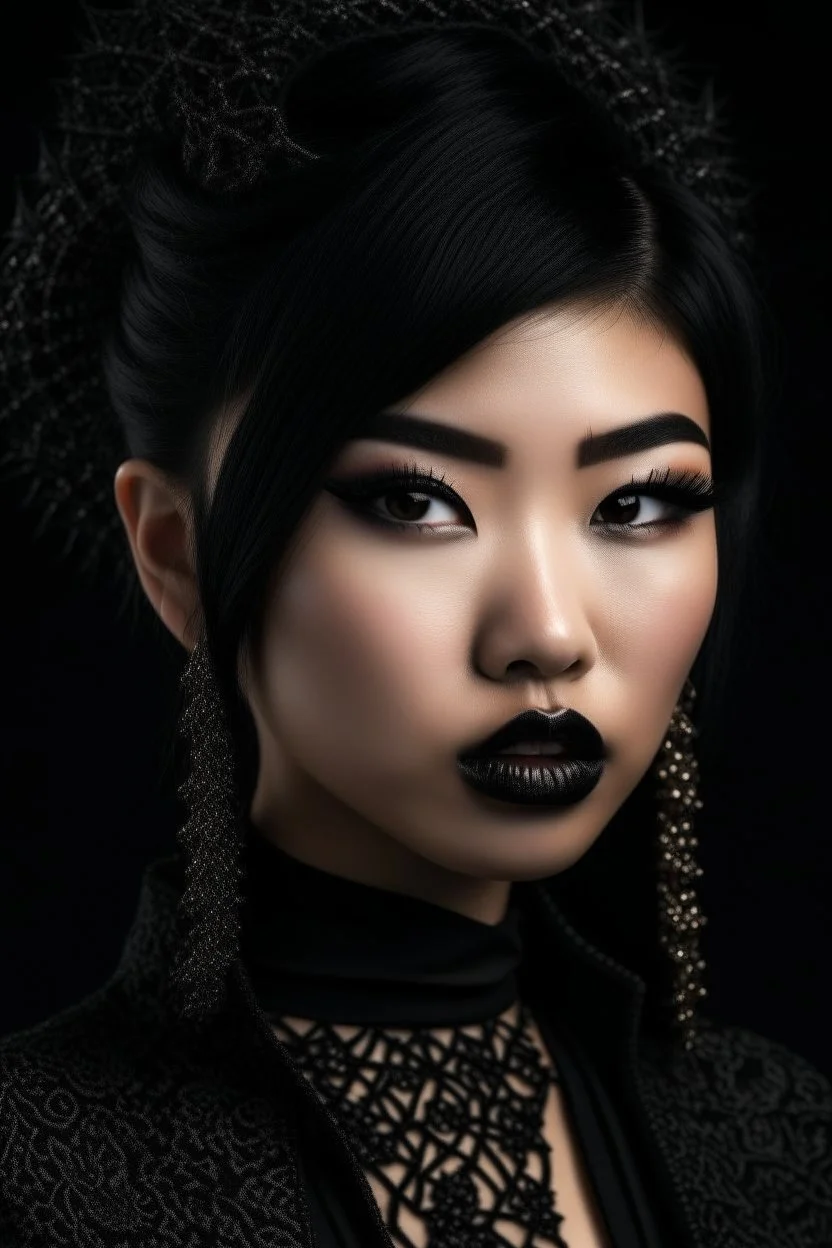 portrait of a fantasy asian goth woman, black makeup, black eyeline, black lipstick, fantasy style, realistic style, highly intrictae details, high quality, 8k