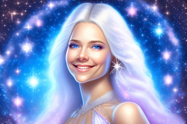 very beautiful cosmic women with white long hair, little smile, with cosmic silver metallic suite and brightly earings. in the background there is a bautiful sky with stars and light beam