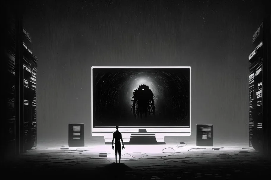 enormes computadoras en un espacio negro y una figura en medio de ellas