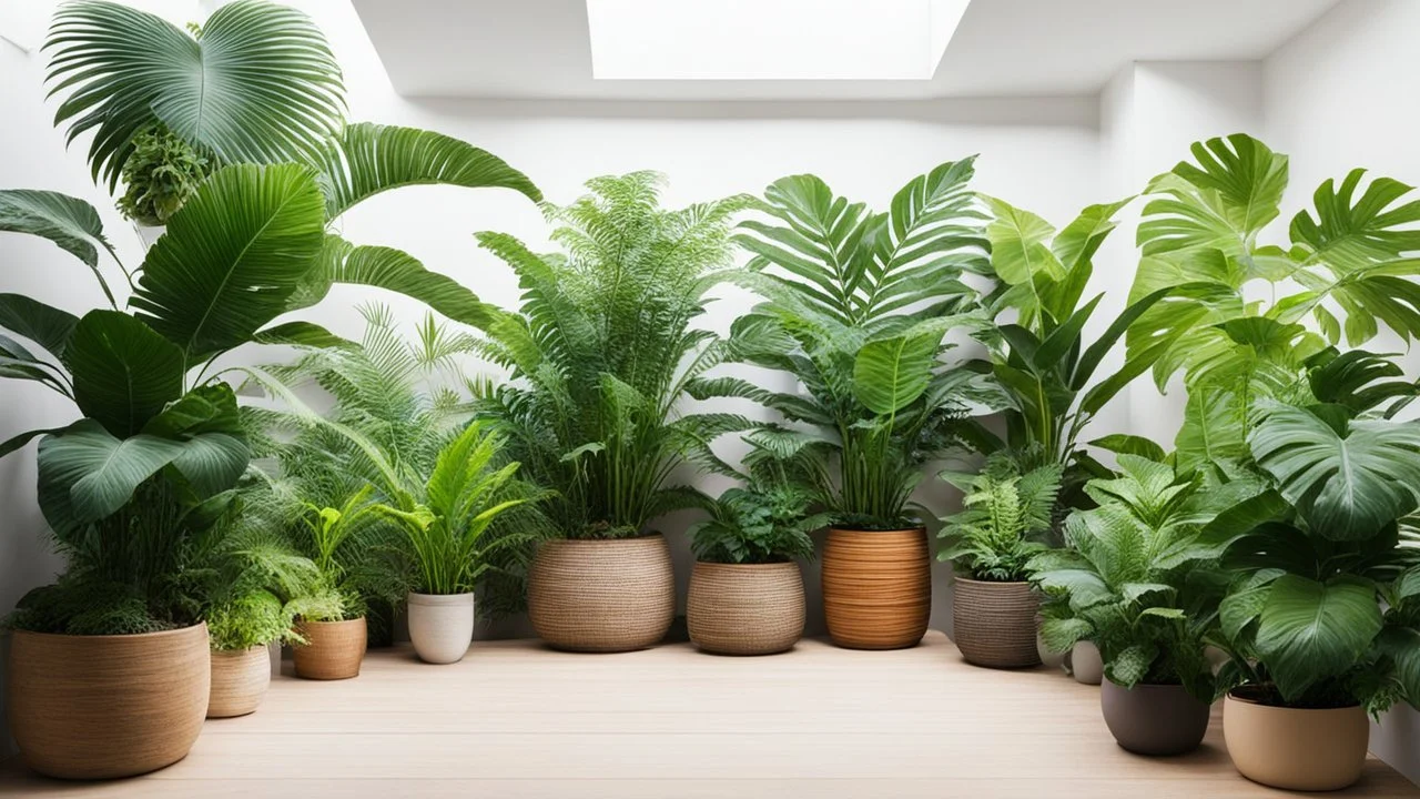 A photo of an indoor jungle with a variety of tropical plants. There are large plants with big leaves, like palms and ferns. There are also smaller plants with colorful flowers. The plants are placed in pots of different sizes and shapes. The pots are arranged on wooden shelves, crates, and the ground. The background is a white wall with a few holes.