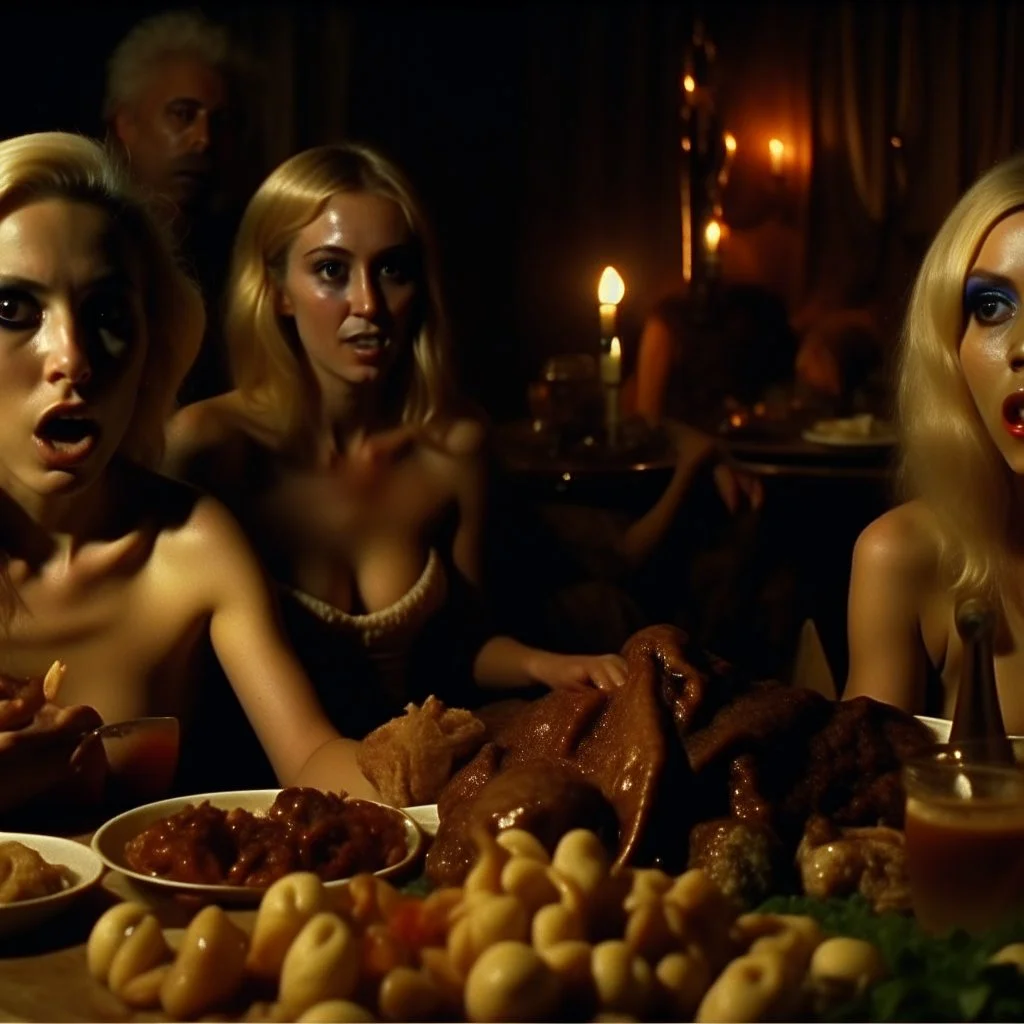 Horror movie shot, spooky, hot, ultra realistic, dine, horns, ultra realistic hot blonde women, party, pieces of meat, organs, ail, dynamic, very excited people, hypermaximalist figures, light, Italian horror movie, sinister, Dario Argento, Stanley Kubrik, ornate, 4k, photorealism