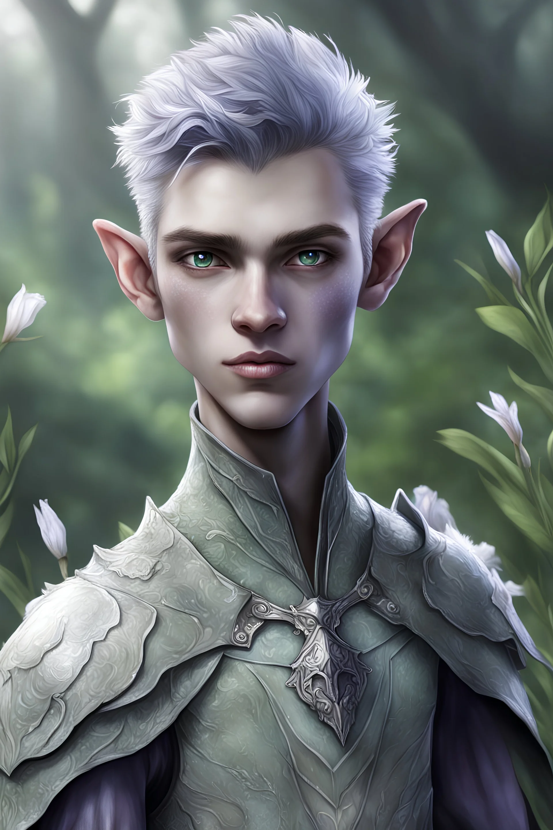 male, teen, dnd changeling, grey skin, white iris, realistic, nature, playful