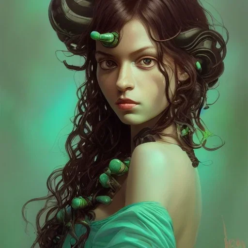 alien girl, cute, beautiful, long hair, curly hair, black hair, slim body, brown eyes, big eyes, green skin, turquoise dress, head and shoulders portrait, 8k resolution concept art portrait by Greg Rutkowski, Artgerm, WLOP, Alphonse Mucha dynamic lighting hyperdetailed intricately detailed