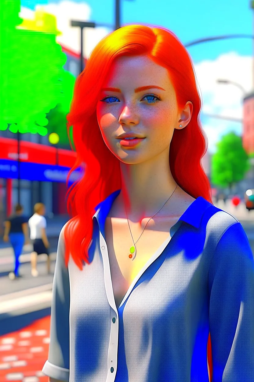Young red-haired woman standing in the street, daytime, photorealistic