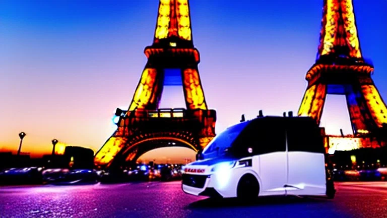 A police Tesla Cybertruck is chasing a Tesla 'Model S Plaid' at top speed, by the Eiffel Tower, in Paris. CINEMATIC. WIDE ANGLE LENS.