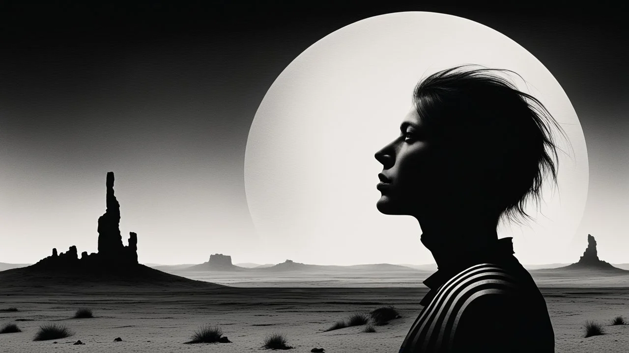 black and white portrait, a human face in profile, staring into nothingness, three red engraved stripes on the face, behind it a surreal, barren landscape, ruins, and a black sun. dark, thriller, gloomy vibe, utopian, dramatic