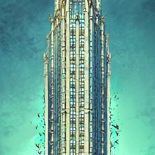 A neogothic Skyscraper mixed with glass Skyscraper+detailed facades+highly detailed++ Book illustration by Gediminas Pranckevičius, Jean Baptiste Monge, Brian Kesinger, Anton fadeev, strong lines, high contrast vibrant colors, 16k resolution, trending on behance""