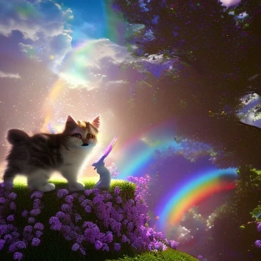 Cute kitten riding a unicorn on a rainbow unreal engine 4K