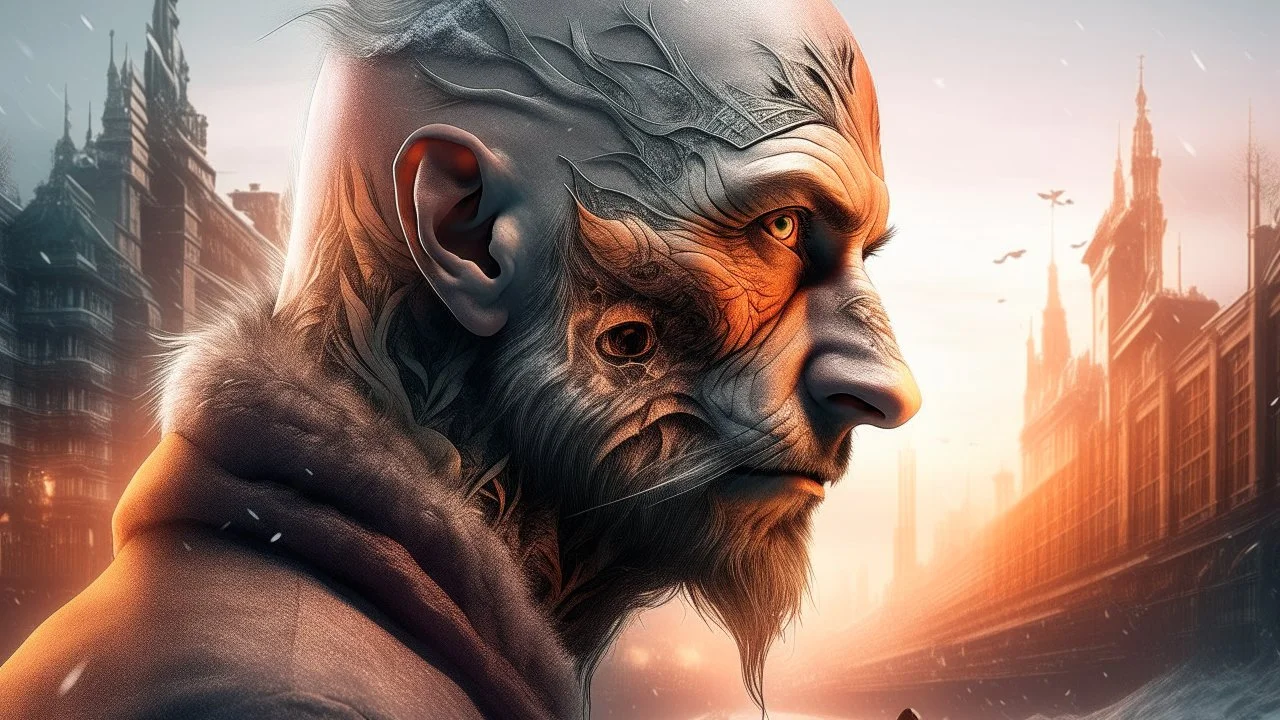 Double exposure, Wolfman, photorealism, man, city, sunset, snow, rain, fantasy, mystical, tattoo, vertical pupils, high detail, high resolution, 8K